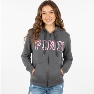 Pink Victoria Secret Womans Gray with Pink Logo Full Zip Hoodie — Size Large